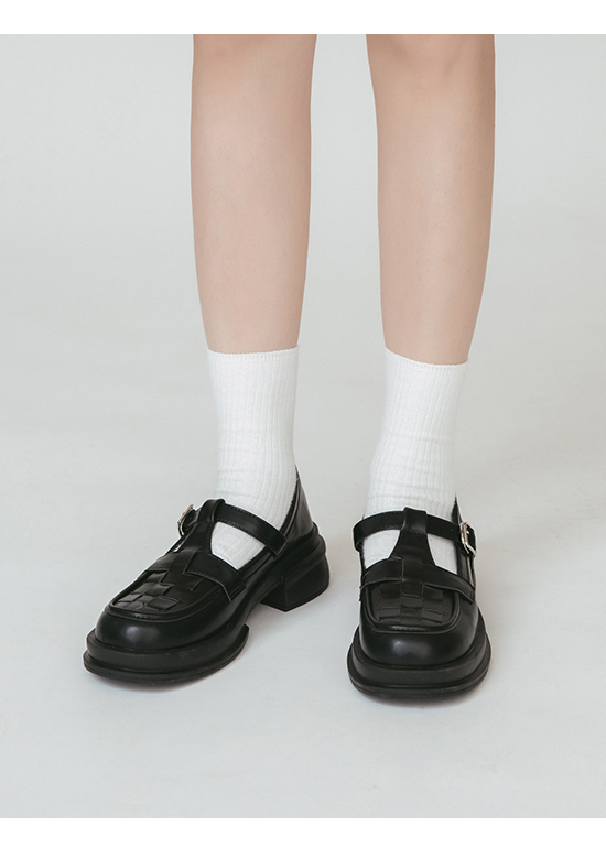 日系女孩．格子編織T字低跟瑪莉珍鞋 時尚黑