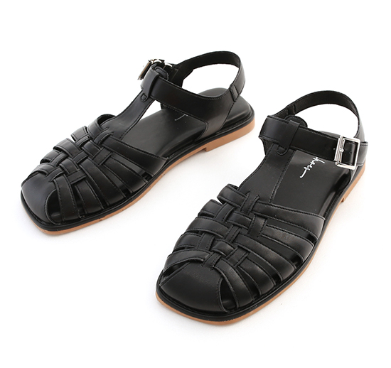 日系搭配．寬楦編織平底羅馬涼鞋 時尚黑