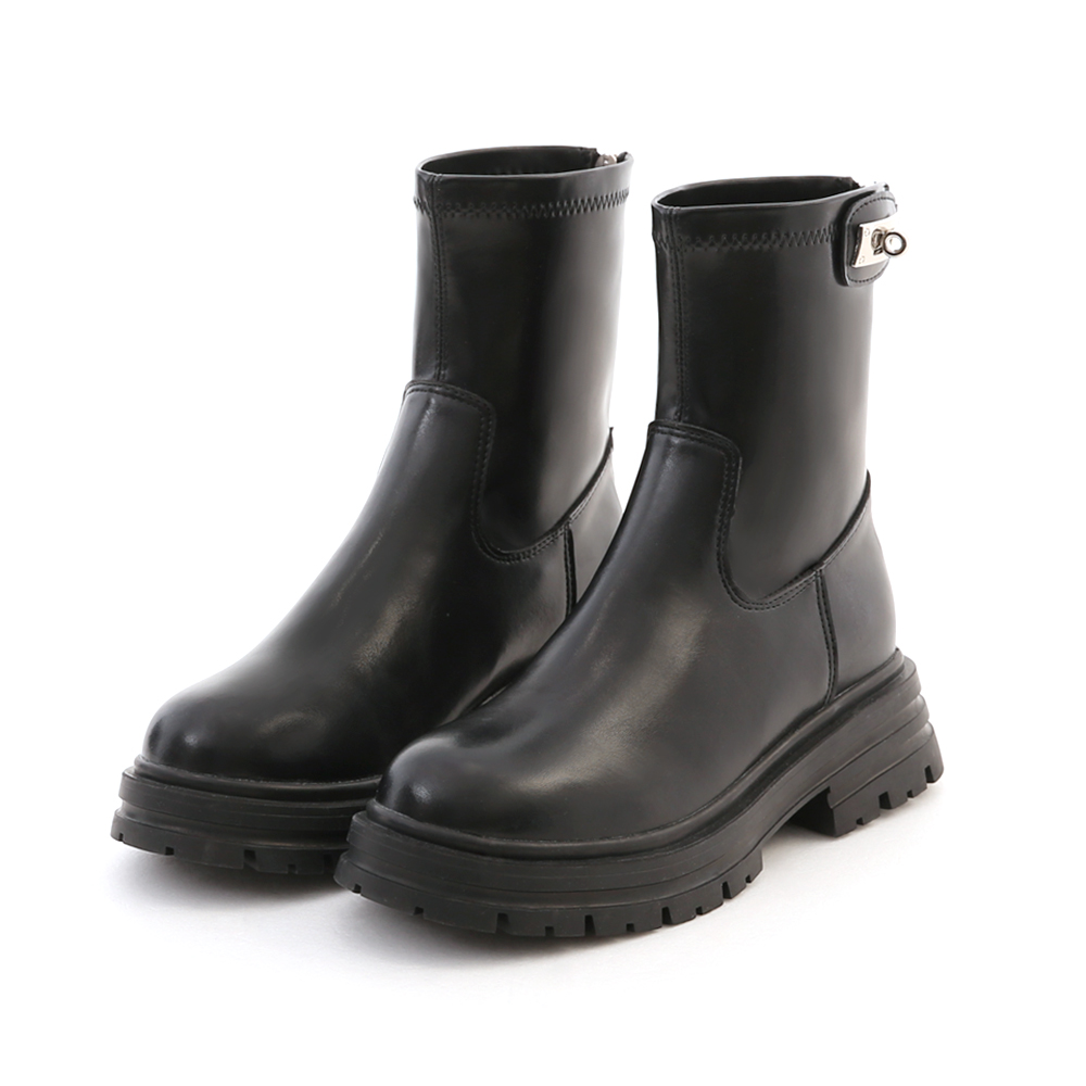 Round Toe Buckle Design Chunky Sole Short Boots Black