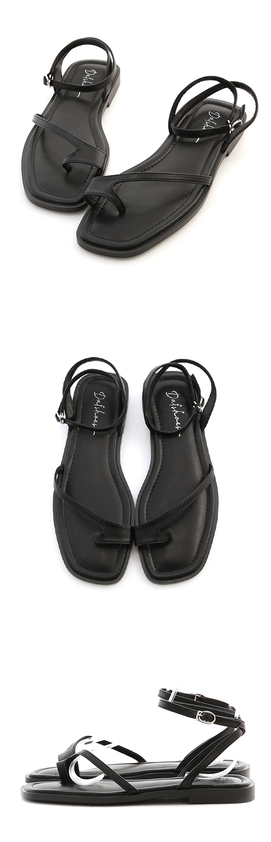 Toe Loop Ankle Strap Flat Sandals Black