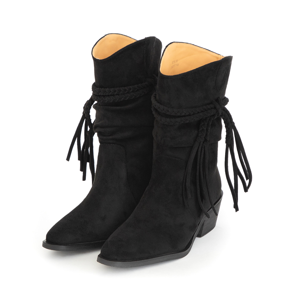 吉普賽流蘇小V口牛仔短靴 黑色