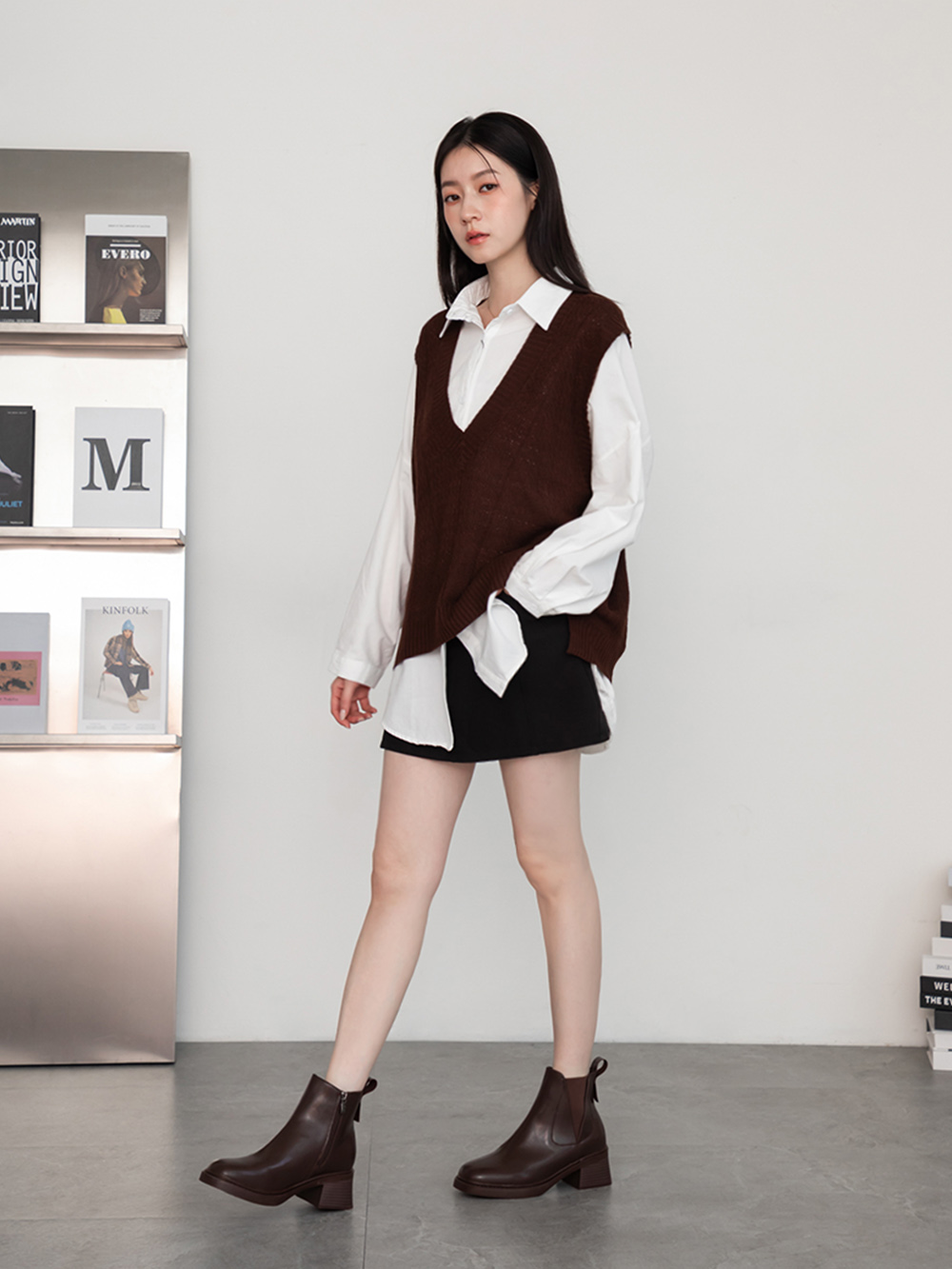 時髦指標方頭木紋跟切爾西短靴 咖啡