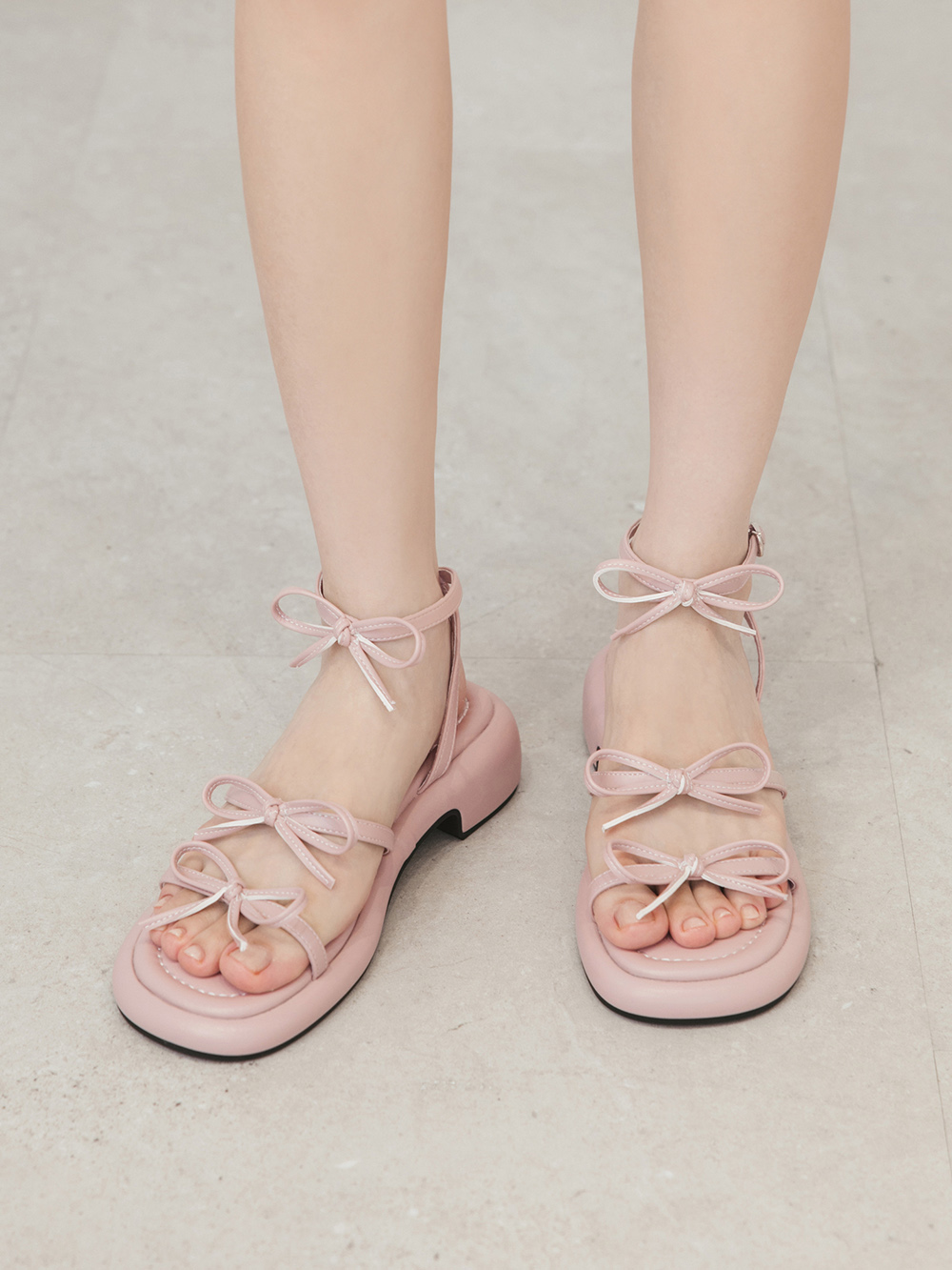 可愛三條帶蝴蝶結低跟涼鞋 粉