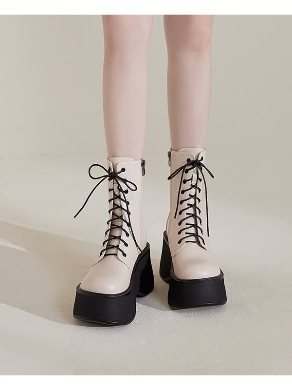 K-pop Girl Thick-Sole Lace-Up Ankle Boots Beige