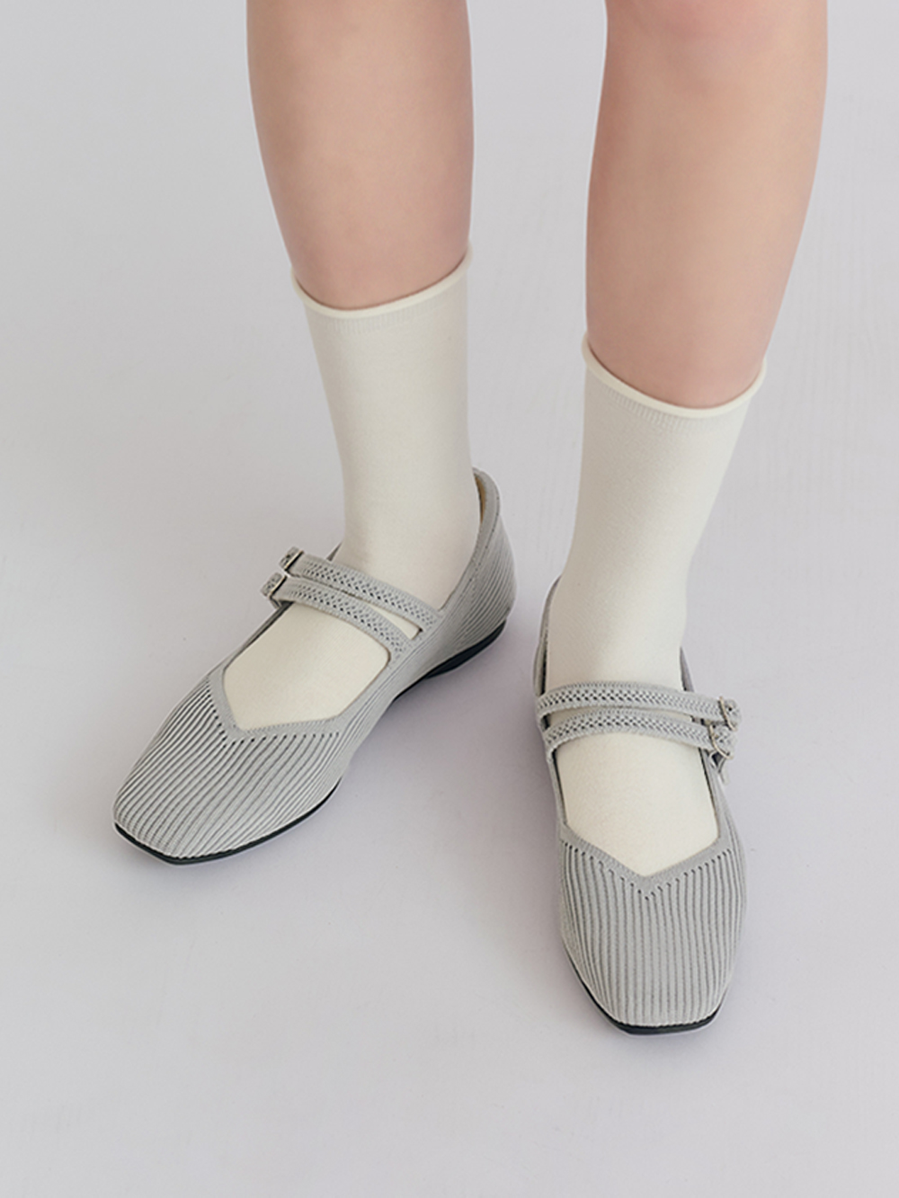 【3D零感雲織鞋】雙帶方頭瑪莉珍鞋 象牙灰