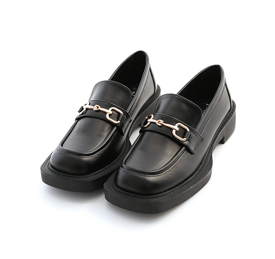 Square Toe Thick Sole Horse-bit Loafers Black