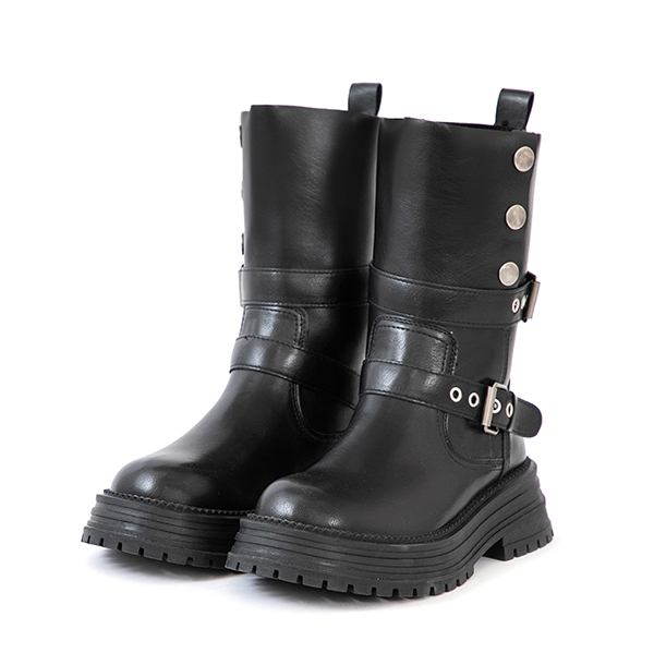 復古騎士釦環排釦機車短靴 黑色