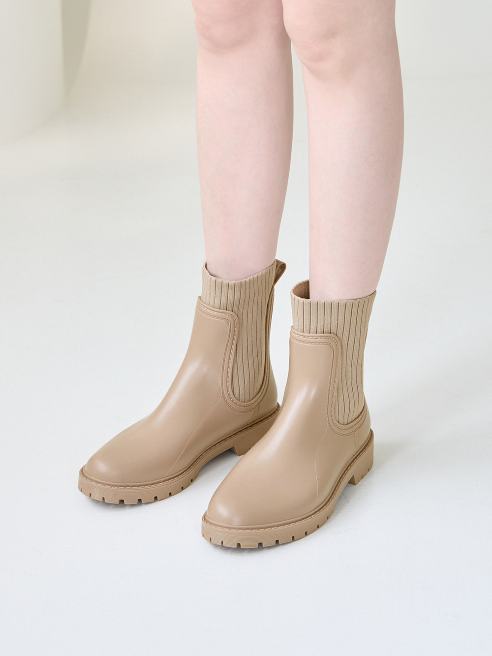 【機能鞋墊】針織拼接切爾西短筒雨靴 杏色