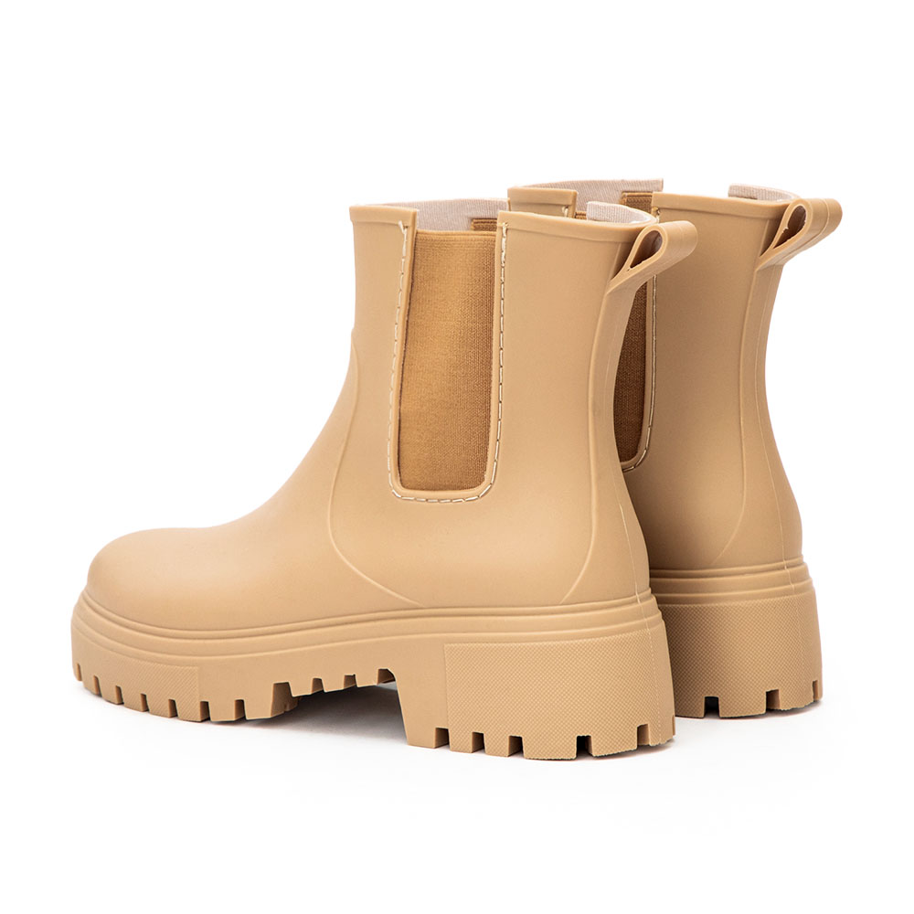 【機能鞋墊】鬆緊拼接內增高切爾西雨靴 杏色