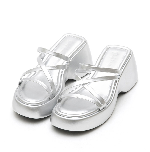 Cross Strap Thick Sole Slide Sandals Silver