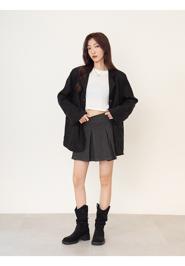 嬉皮小V口抓皺西部堆堆靴 黑色