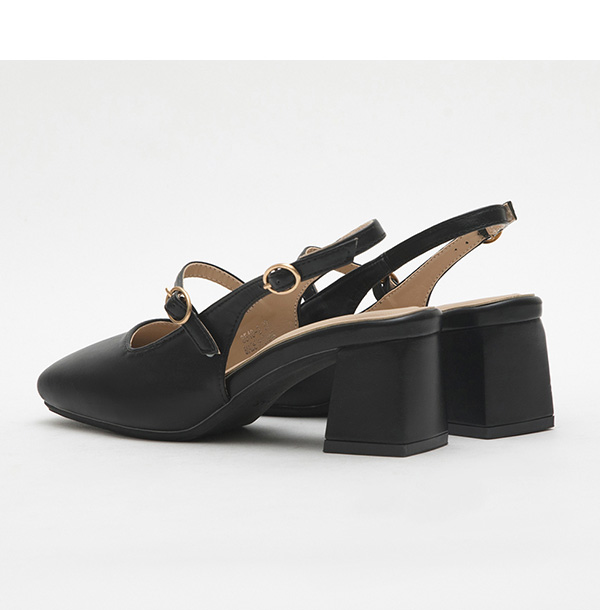 4D Cushioned Square Toe Mid-Heel Mary Jane Shoes Black