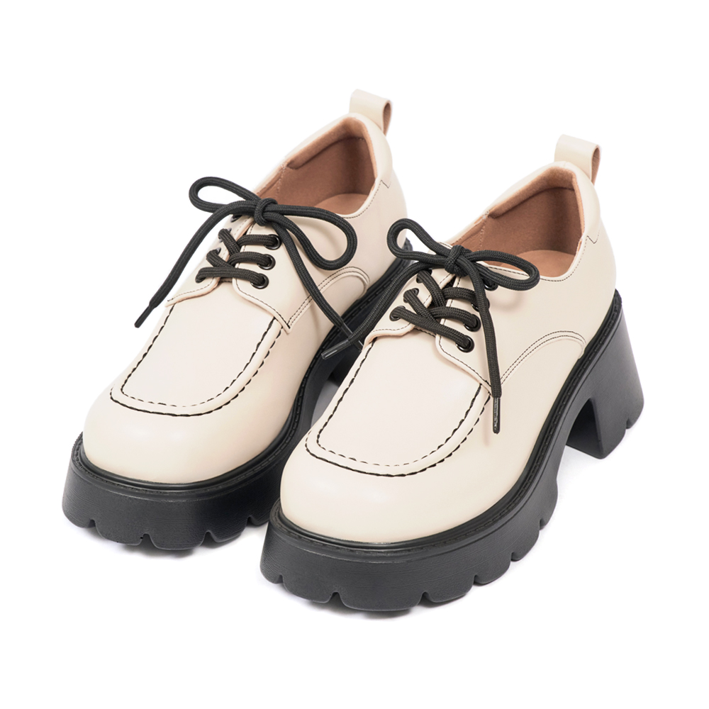 Retro Square Toe Chunky Oxfords Beige