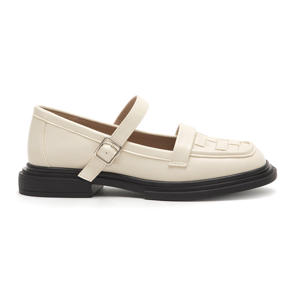 棋盤格編織樂福瑪莉珍鞋 米白