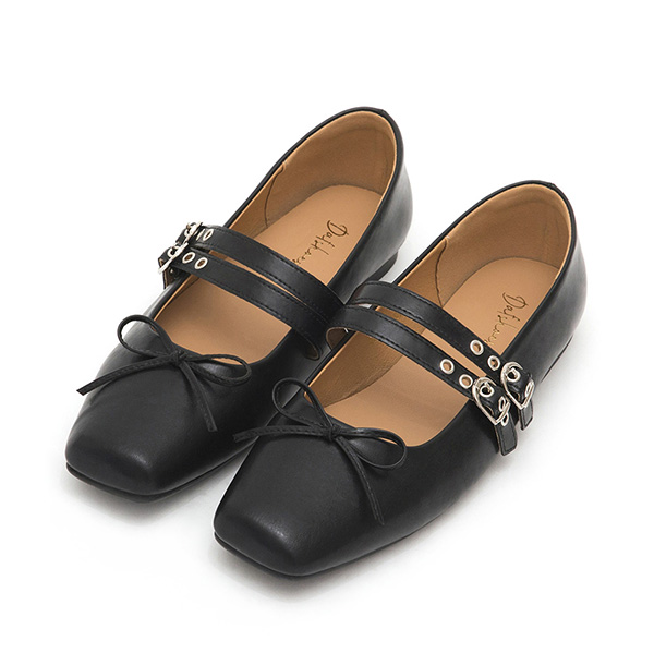 Punk Metal Double Buckle Ballet Flats Black