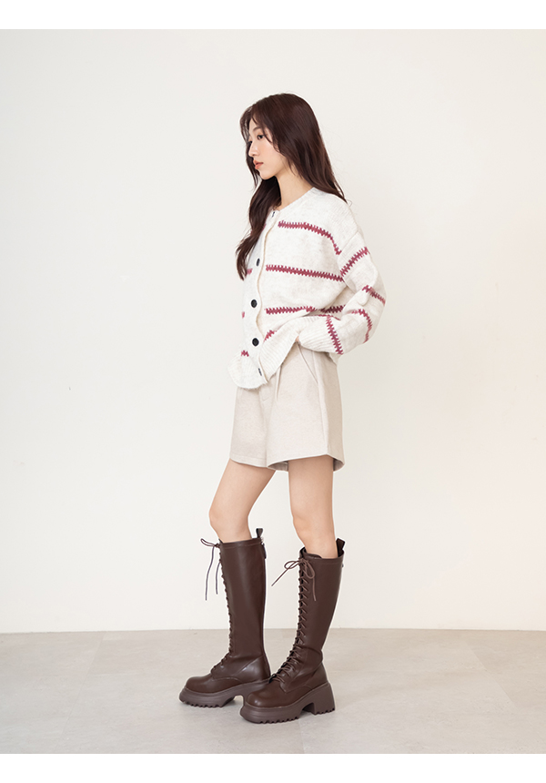 女團風輕量厚底綁帶長靴 咖啡色