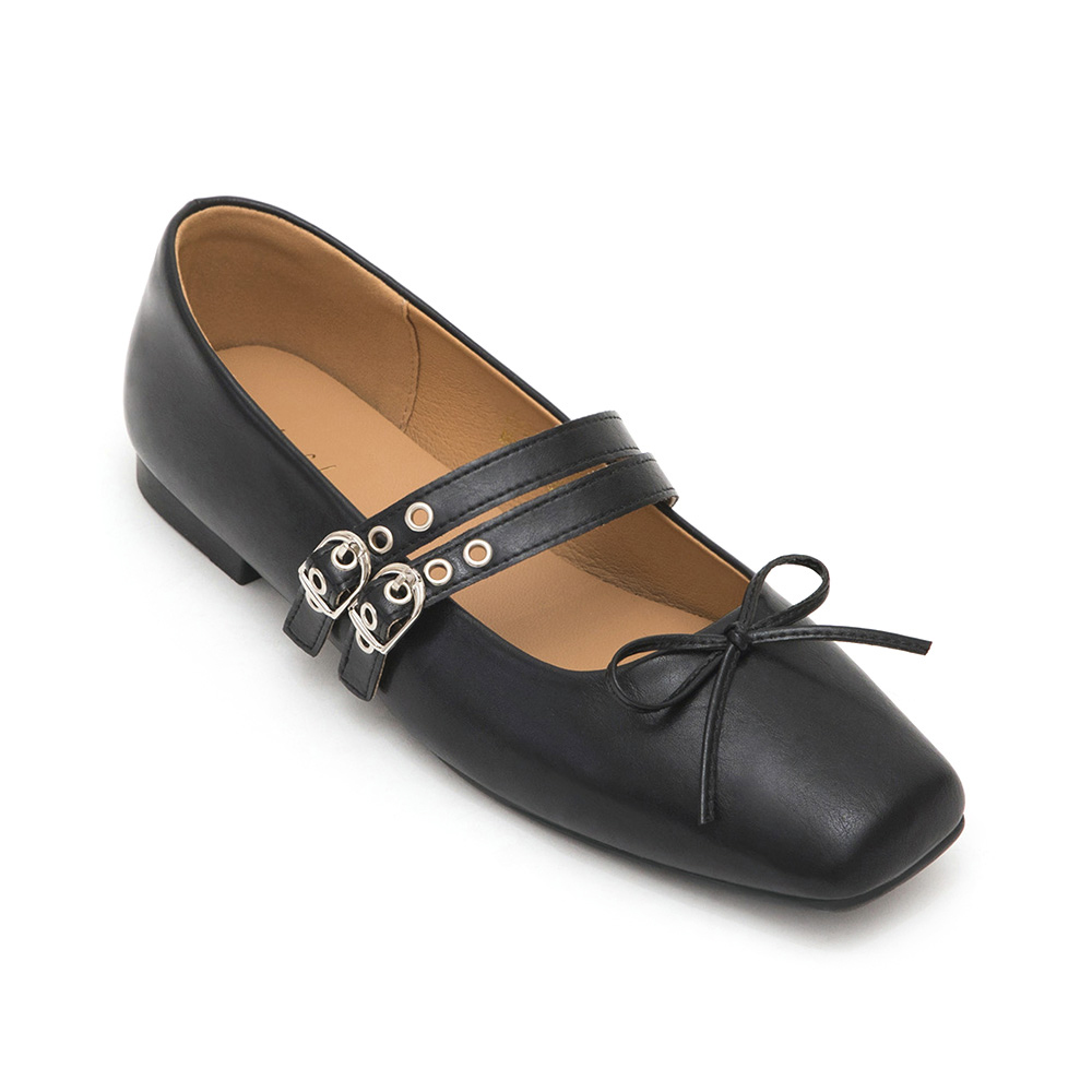 Punk Metal Double Buckle Ballet Flats Black