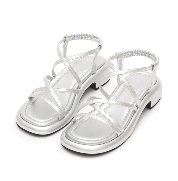 Cross-Strap Low-Heeled Sandals Silver