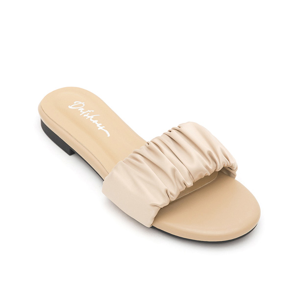 Satin Ruched Details  Flat Slides Beige