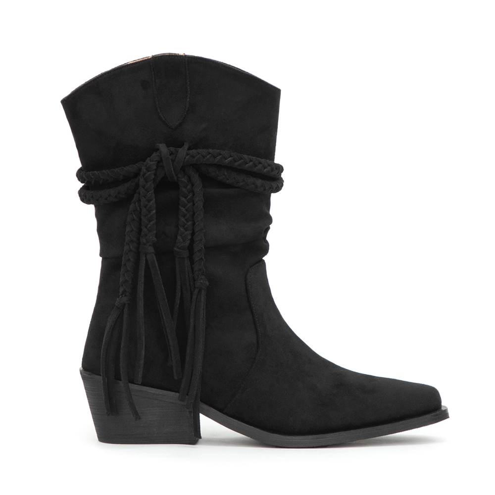 吉普賽流蘇小V口牛仔短靴 黑色