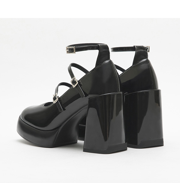 Three-Straps Platform Heel Mary Jane Shoes Black