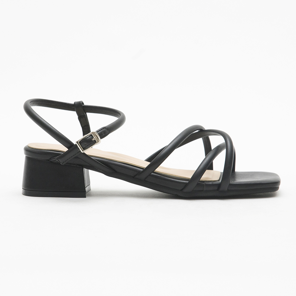 Cross-Strap Square Toe Mid-Heel Sandals Black