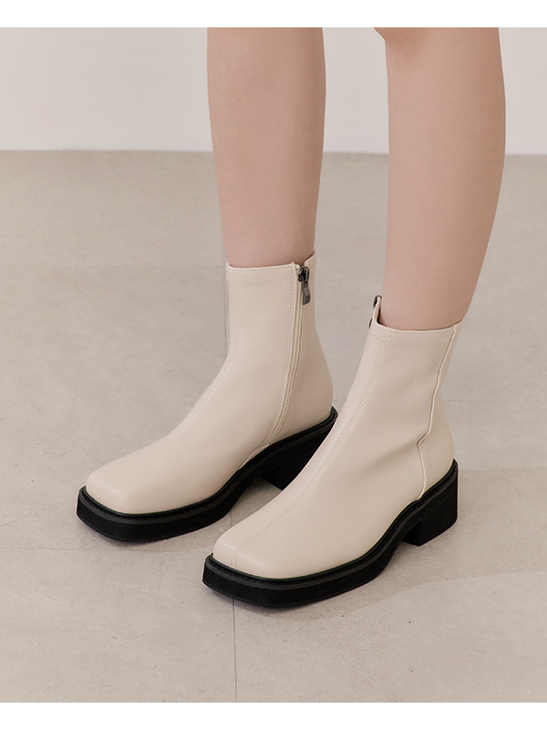 Stitched Square Toe Thick-Sole Ankle Boots Vanilla