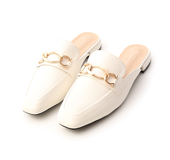 Metal Chain Buckle Mules White