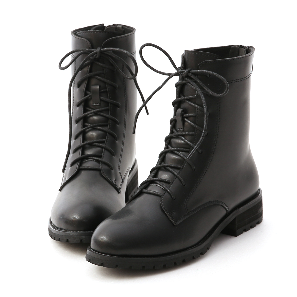Back Zipper Lace-Up Mid-Tube Boots Black