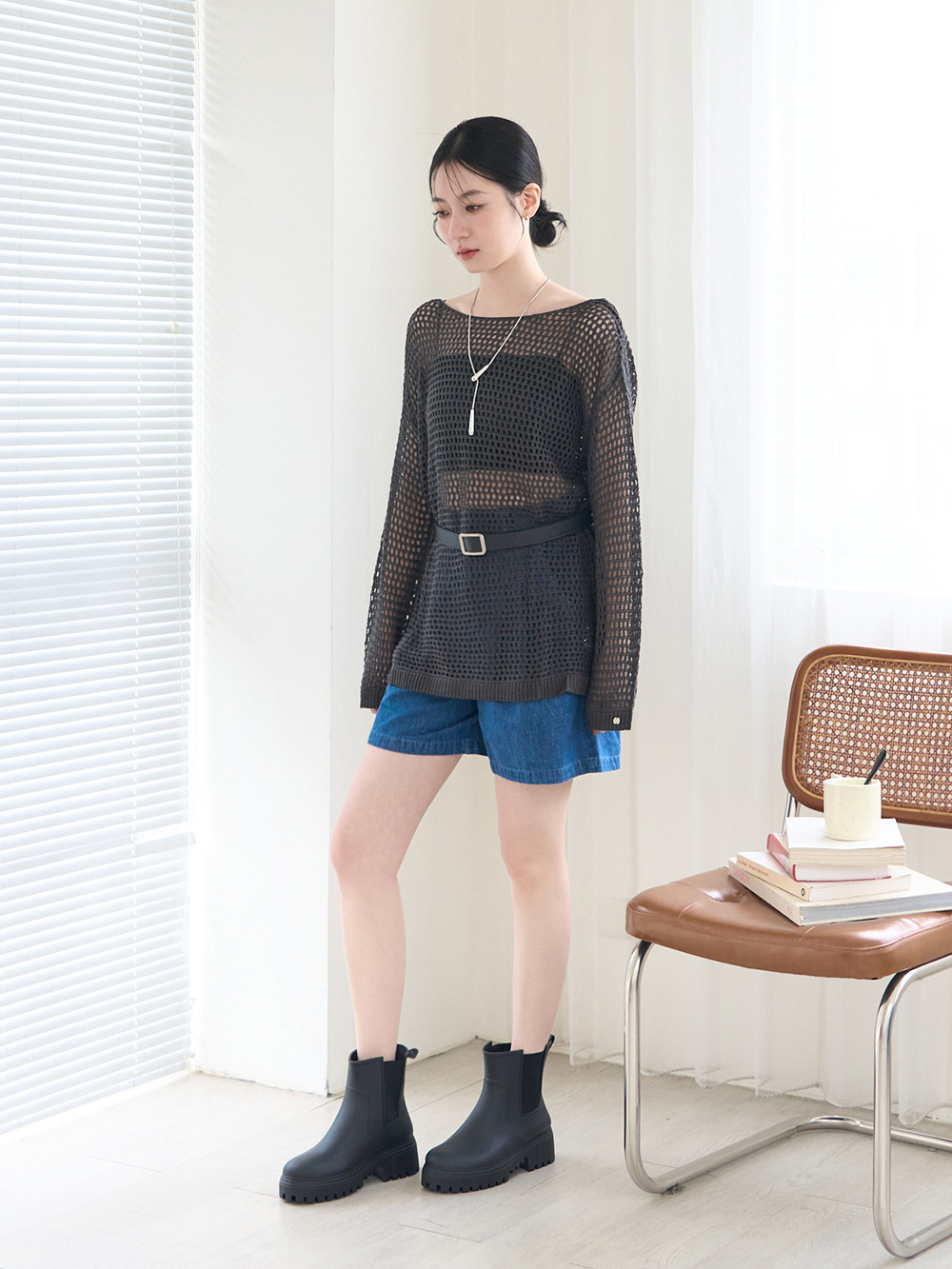 【機能鞋墊】鬆緊拼接內增高切爾西雨靴 黑色