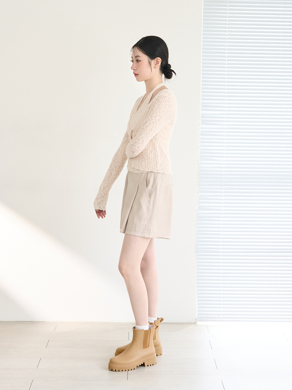 【機能鞋墊】鬆緊拼接內增高切爾西雨靴 杏色