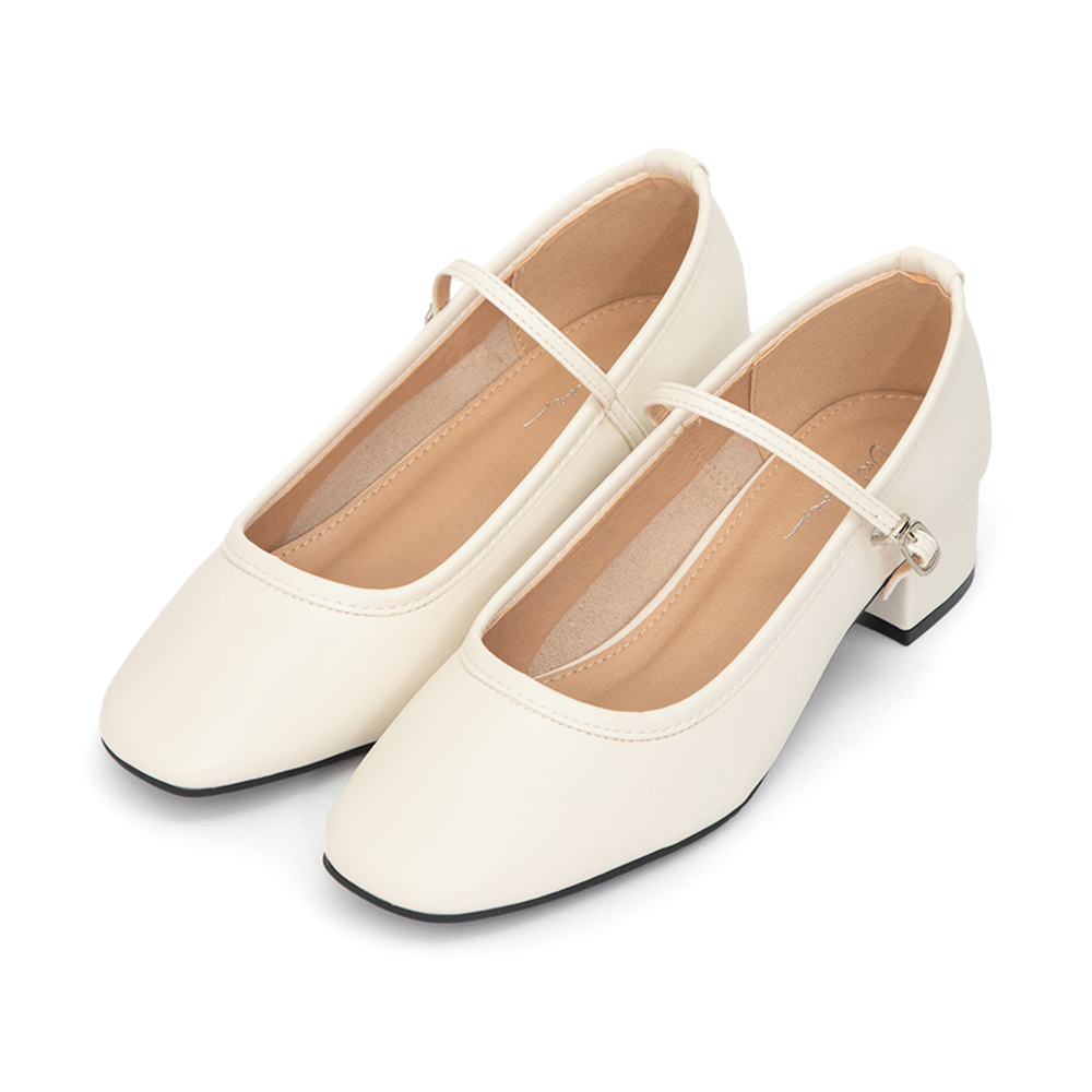 甜蜜蜜方頭氣質粗跟瑪莉珍鞋 米白色