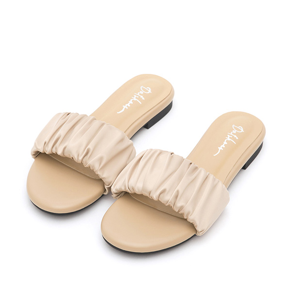 Satin Ruched Details  Flat Slides Beige