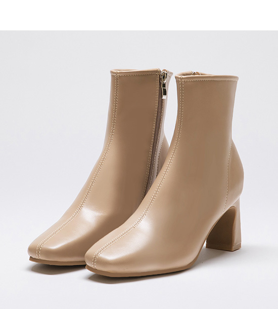 Plain Square Toe Flat-Heel Boots Beige