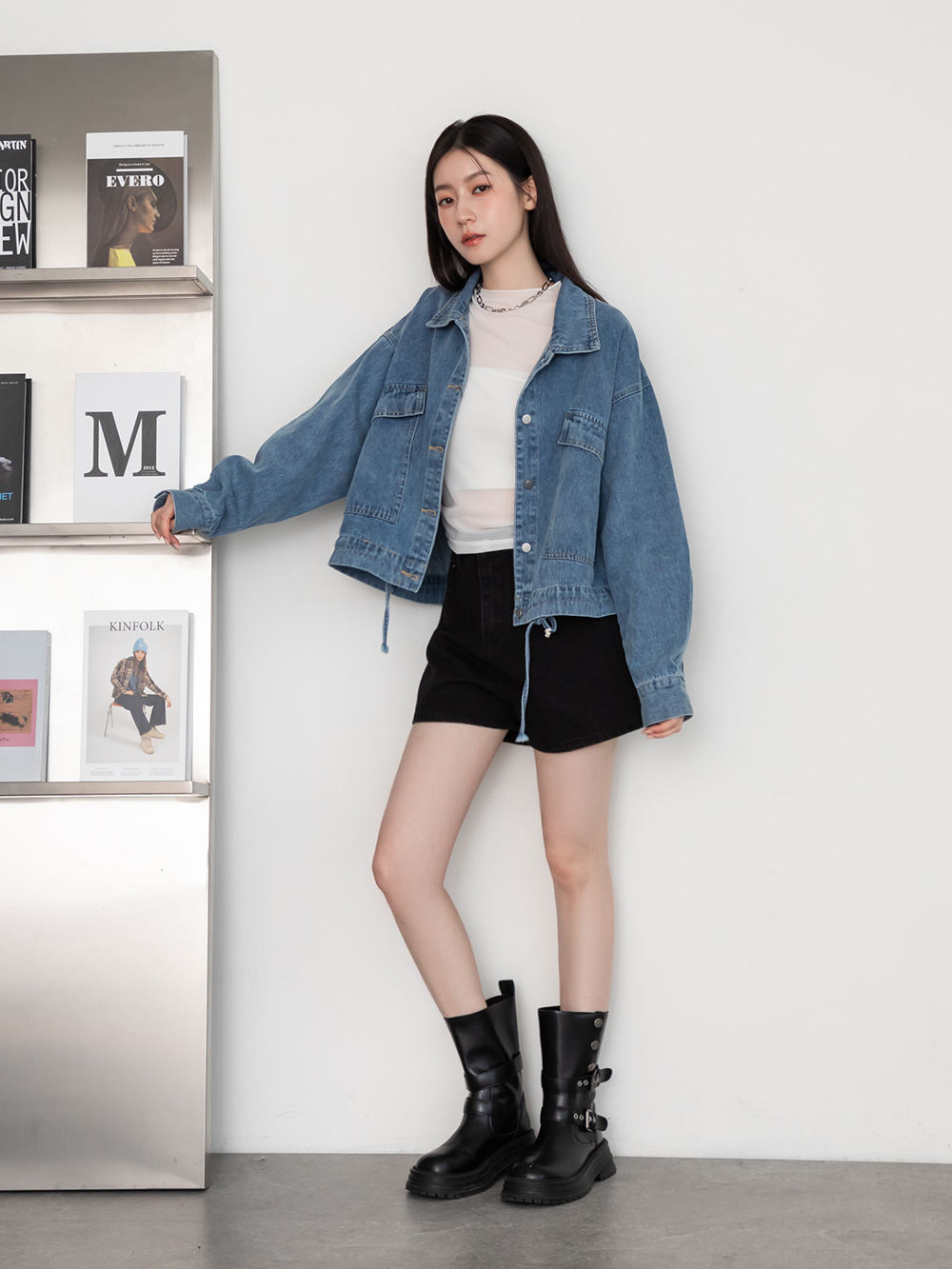 復古騎士釦環排釦機車短靴 黑色