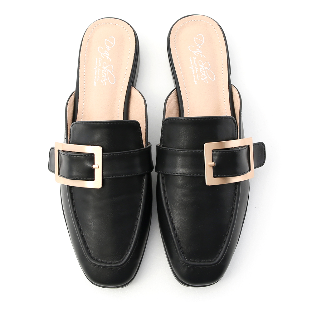 Elegant Square Ring Low Heel Mules Black