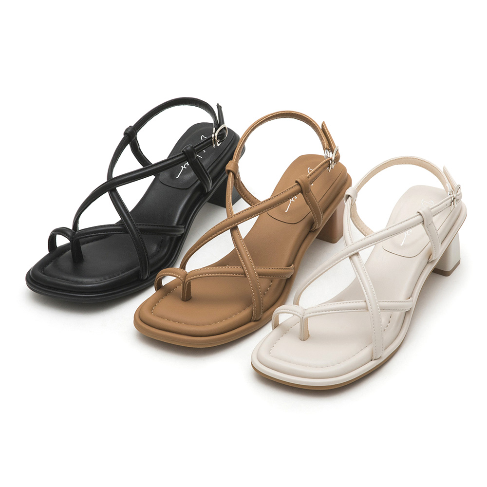 Elegant Thin Strap Square Toe Mid-Heel Sandals 棕