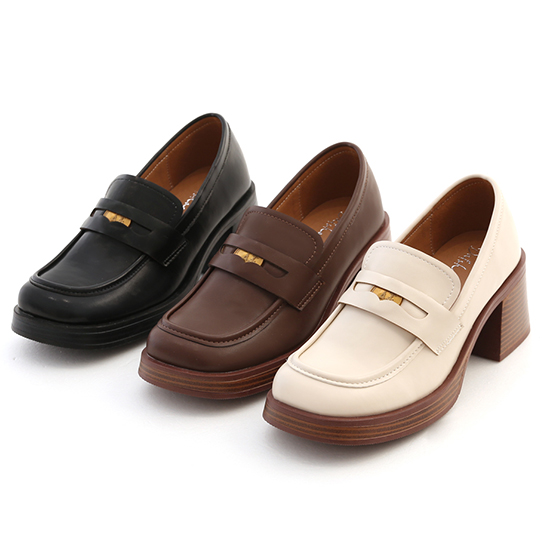 Lucky Gold Coin Wooden Heel Loafers Dark Brown