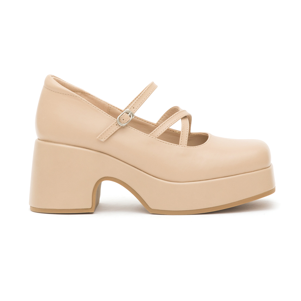 Square-Toe Cross-Strap Mary Jane Shoes Beige