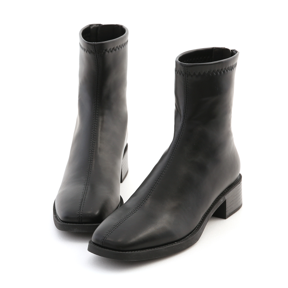 百搭時尚．中車線方頭木紋跟襪靴 時尚黑