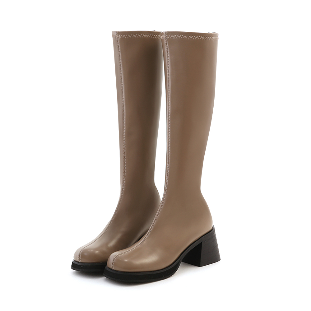 Round Toe Block Heel Slimming Boots Mocha grey