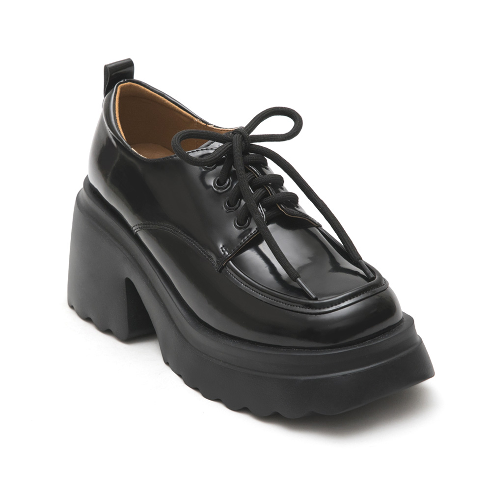 Zig-zag Lightweight Thick Sole High-Heel Derby Shoes Black