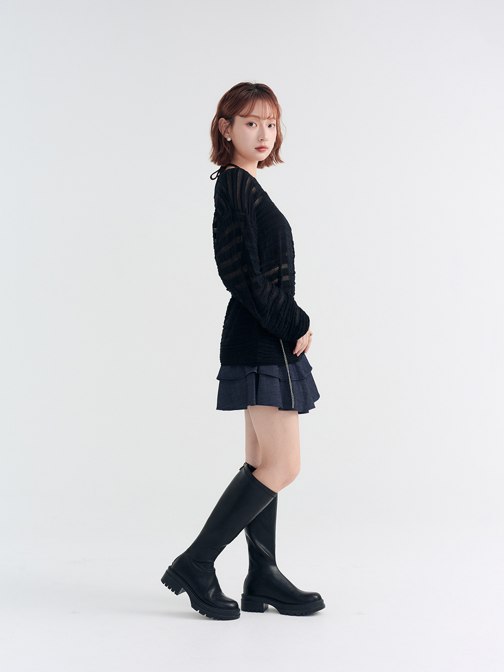 韓團指標.百搭素面厚底瘦瘦長靴 時尚黑