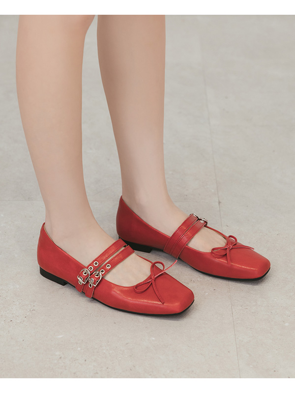 Punk Metal Double Buckle Ballet Flats 紅