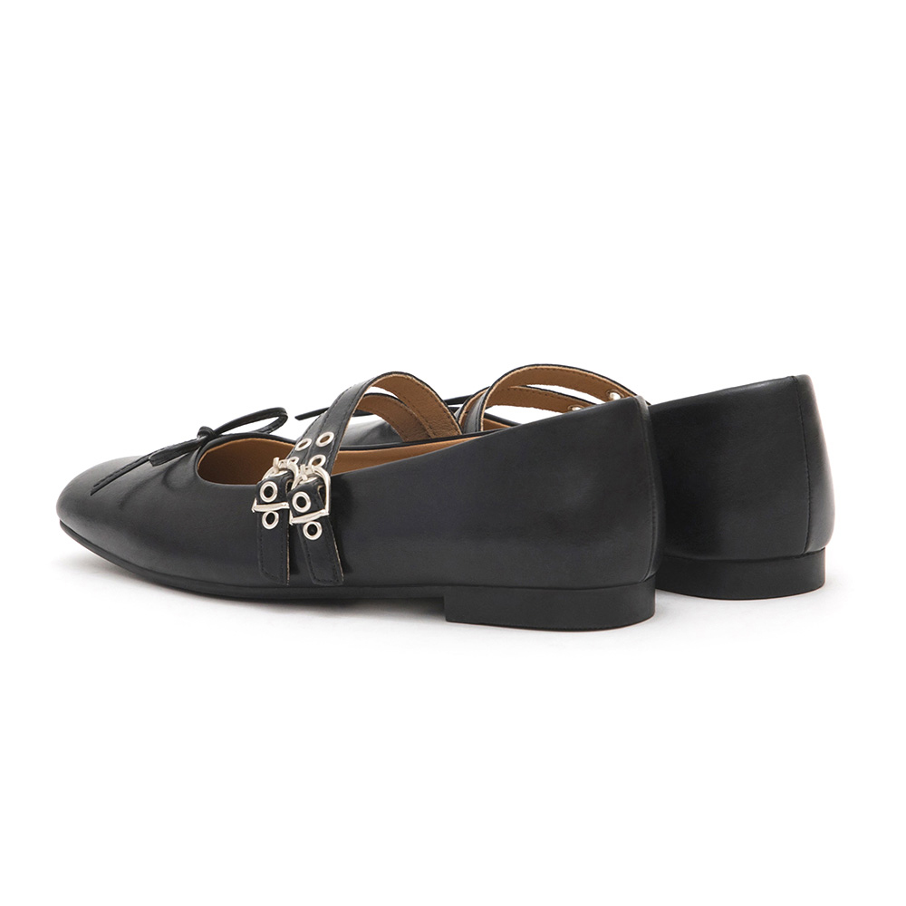 Punk Metal Double Buckle Ballet Flats Black