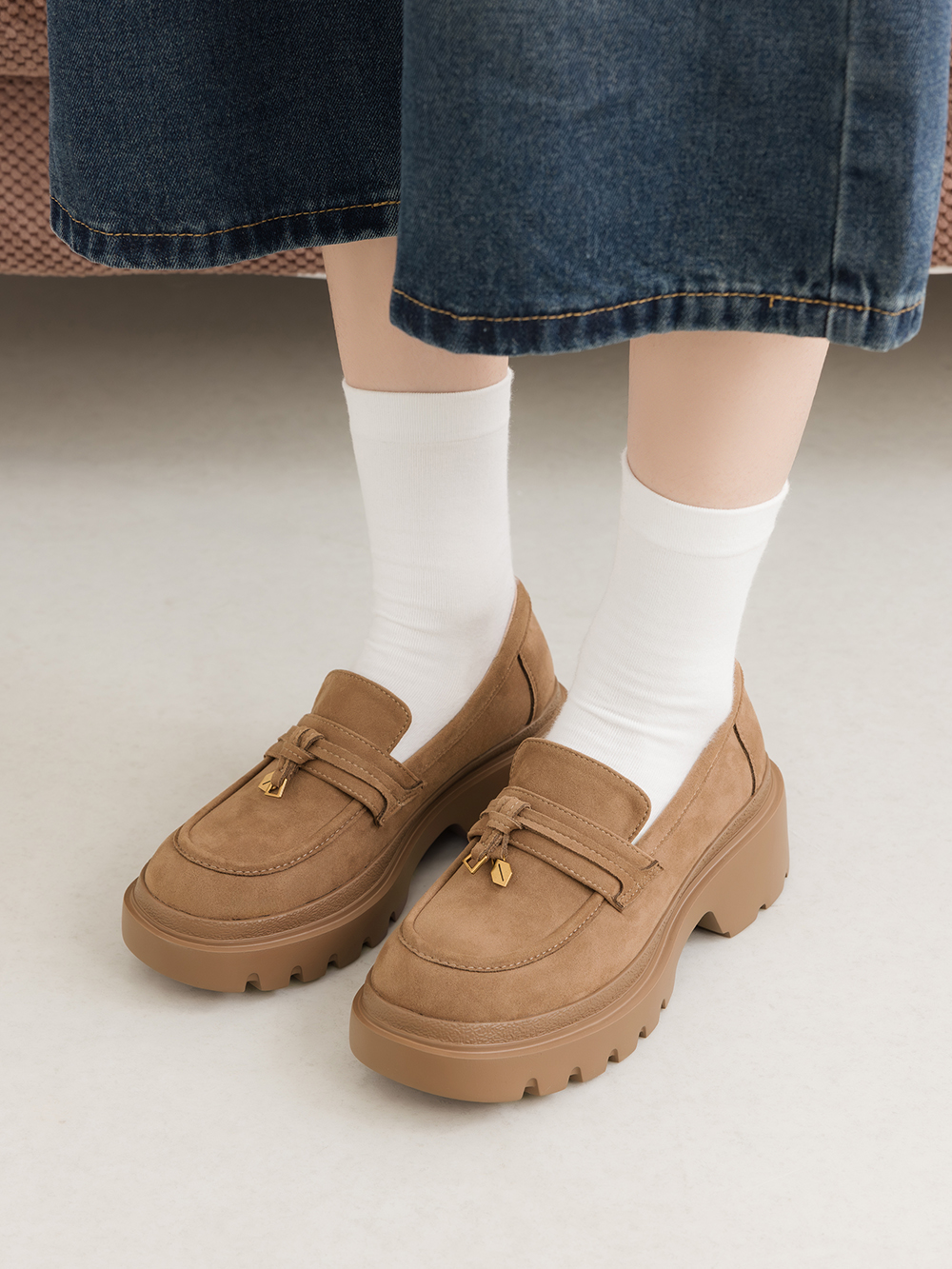 文創美感按摩鞋墊厚底樂福鞋 卡其色