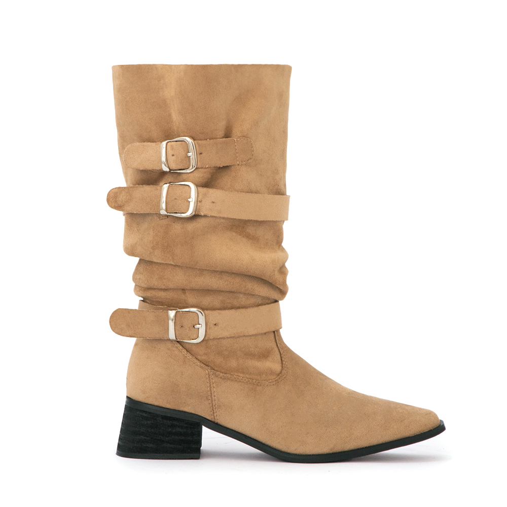 全場焦點絨面釦環尖頭中筒靴 卡其色