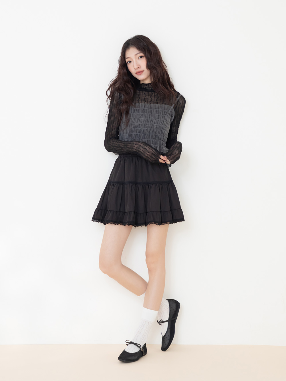 法式點點網紗蝴蝶結瑪莉珍鞋 黑