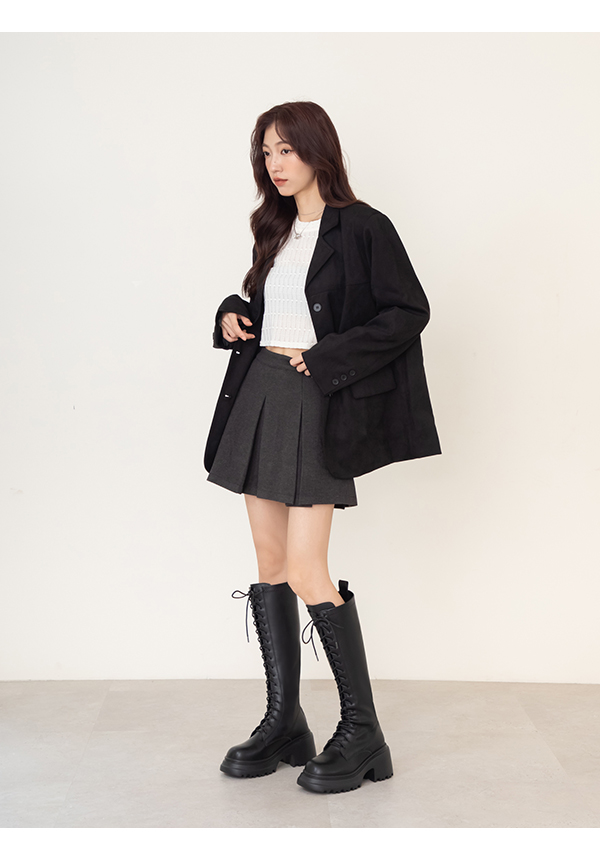 女團風輕量厚底綁帶長靴 黑色