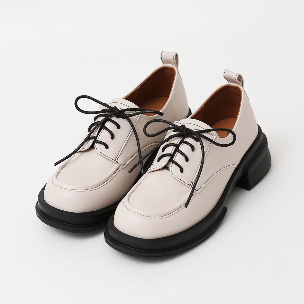 Stitching Low Heel Lace-up Derby Shoes Vanilla